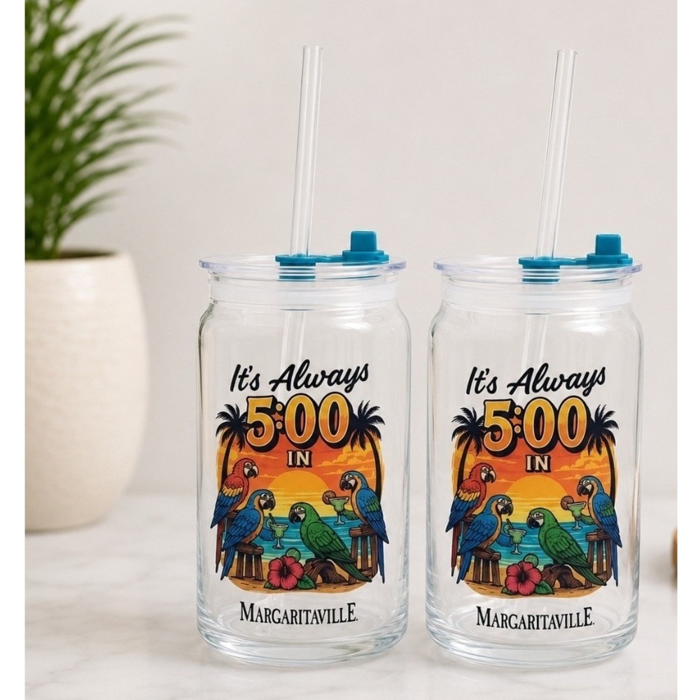 Margaritaville NEW Set of 2 Glass Sippers 16oz It's Always 5:00 Lids & Straws